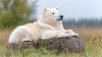 Naklejka premium White dog resting on log, autumn field