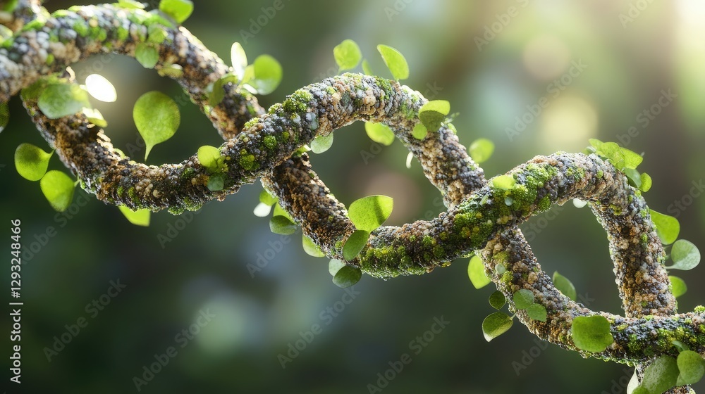 Aufkleber a 3d-rendered dna chain constructed from tree branches, illustrating the connection between plants a