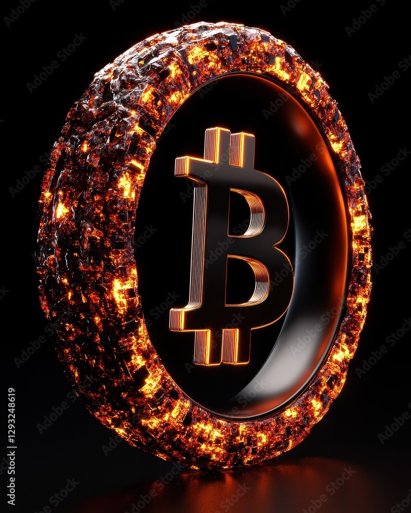 Poster stylized bitcoin symbol glowing with a fiery edge on a dark background.