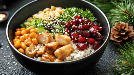 Fototapeta premium Delicious Festive Rice Bowl with Chicken, Pomegranate, and Sesame Seeds
