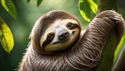 Naklejka premium Peaceful Sloth Resting Among Lush Tropical Greenery, Capturing the Serene Beauty of a Vibrant Rainforest Canopy