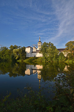 View of the St. Paphnutiev Borovsky Monastery from the ponds in summer. Russia, Kaluga region. Orthodox monastery.