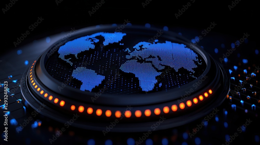 Poster stylized blue globe design with illuminated elements representing global connection.