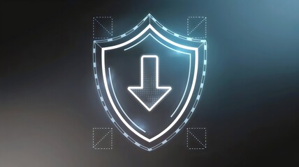 Fototapeta premium Glowing shield download icon representing data security – Ideal for encrypted downloads, software security, or secure file transfers.
