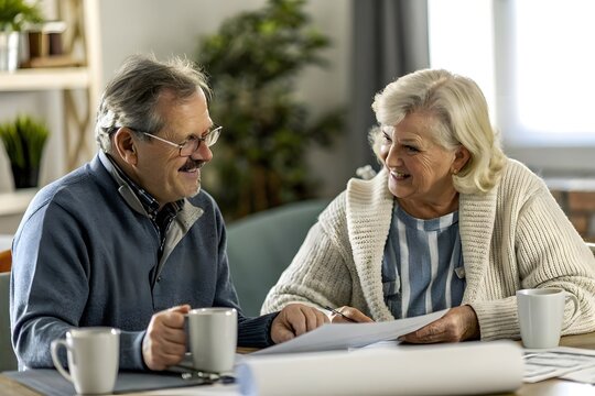 Senior Couple Planning Together – Cozy Home Setting with Paperwork & Coffee