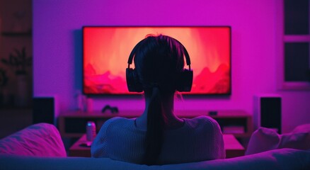 Naklejka premium Person Enjoying Video Game Experience with Colorful Ambient Lighting