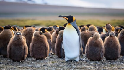Obraz premium Adult King Penguin Aptenodytes patagonicus Amidst a Bustling Colony in Antarctic Winter, Majestic and Regal against Icy Backdrop, Showcasing the Unique Beauty of Arctic Wildlife