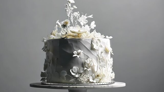 Stunning cake adorned with detailed white sugar flowers creates a focal point in a simple, contemporary environment
