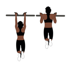 A Black African woman in black clothing doing chin ups exercise. Flat vector illustration isolated on white background.