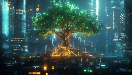 Fototapeta premium Futuristic Cityscape: A Glowing Tree Thrives Amidst Digital Towers, Symbiotic Urban Nature, Technological Harmony, Bright Night Lights.