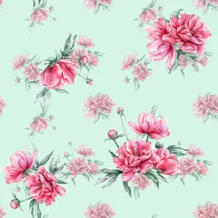 Gordijnen Vintage Bloemen Seamless pattern with watercolor bouquet of pink peony flowers in full bloom. Hand drawn illustration beautiful floral flower. Repeat wallpaper with summer botanical plant on isolated.  © Ekatmart