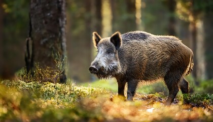 Wild Boar Observing Forest Surroundings Majestic Adult Sus Scrofa Embodies Serenity and Mystery in the Wilderness at Twilight