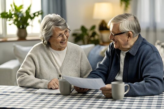 Senior Couple Planning Together – Cozy Home Setting with Paperwork & Coffee - Powered by Adobe
