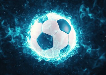 Fototapeta premium Electrifying Soccer Ball Glowing in Blue Flames and Mystical Smoke