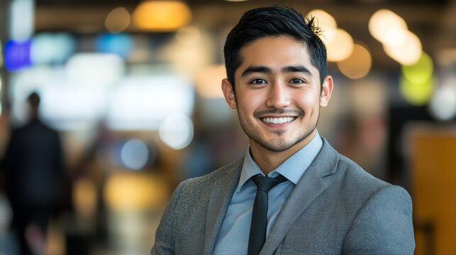 Young businessman exudes confidence in a modern airport, embodying ambition and determination.