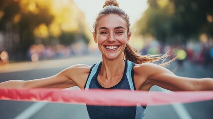 Joyful woman crossing the marathon finish line, celebrating her personal achievement and self-discovery.