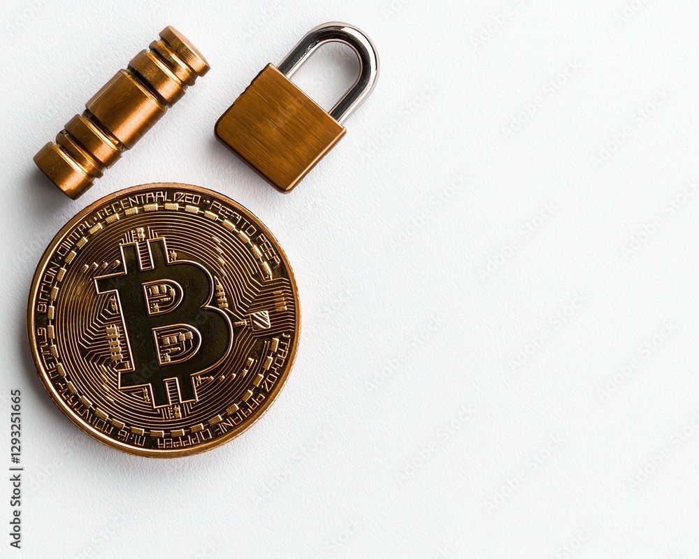 Poster symbolic representation of cryptocurrency security using bitcoin and a padlock.
