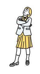 シンプル　イラスト　腕組みして考え事をする女子高生の全身