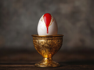 sacred egg with red paint rests in ornate golden chalice