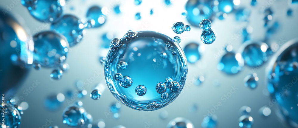 Poster a close-up of vibrant blue water droplets, showcasing their spherical shape and reflections, creatin