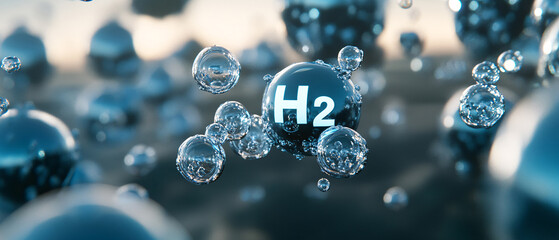 The image features a close-up view of water molecules, emphasizing the hydrogen (H2) component among bubbles and a fluid background.