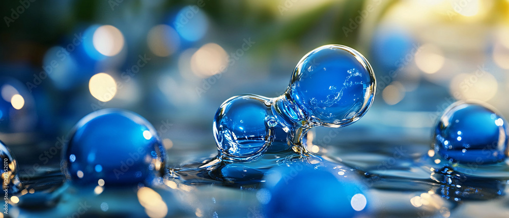 Poster a close-up of shimmering blue droplets on a surface, reflecting light and creating a serene atmosphe