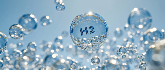 A close-up view of water bubbles with the chemical symbol "H2" visible, highlighting the molecular structure of hydrogen in a clear, refreshing setting.