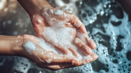 Fototapeta premium Hands Lathered in Foamy Soap for Hygiene and Skincare
