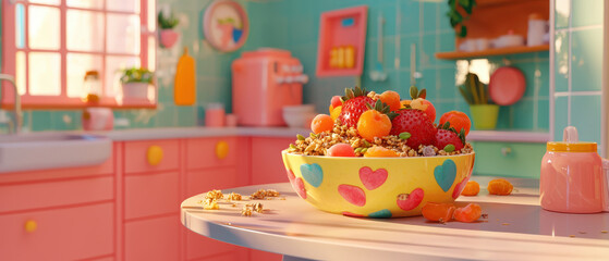 colorful smoothie bowl filled with fresh fruits and granola vibrant kitchen. cheerful atmosphere enhances delightful