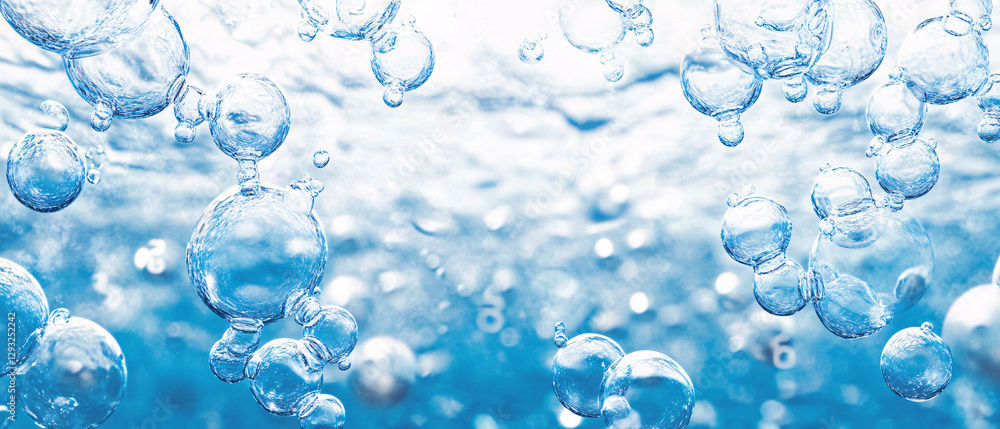 Poster the image features a serene underwater scene with numerous bubbles rising through clear blue water, 