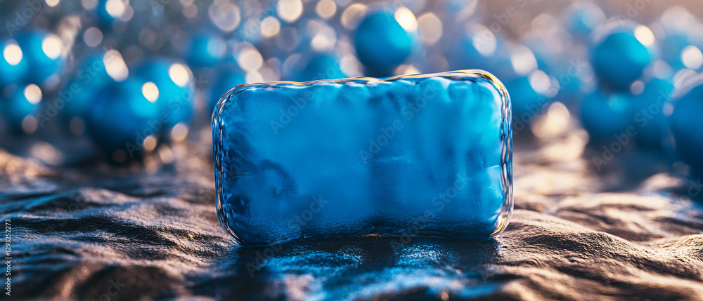 Poster a striking blue ice block sits on a shimmering surface, surrounded by smaller blue orbs, creating a 