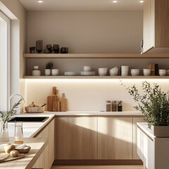 A modern kitchen interior featuring minimalist cabinets and lighting