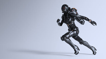 Sci-fi female cyborg wears shiny black metal armor suit, helmet with red glowing lens goggles, high heels, jetpack in dynamic running pose. Concept art futuristic soldier. 3d render on gray background