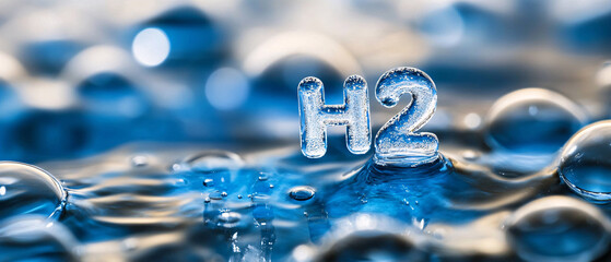 A close-up image of water droplets with the chemical symbol "H2" prominently displayed, highlighting the concept of hydrogen and water.
