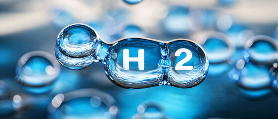 A close-up image of water droplets, featuring a molecular structure of hydrogen (H2) in vibrant blue hues.