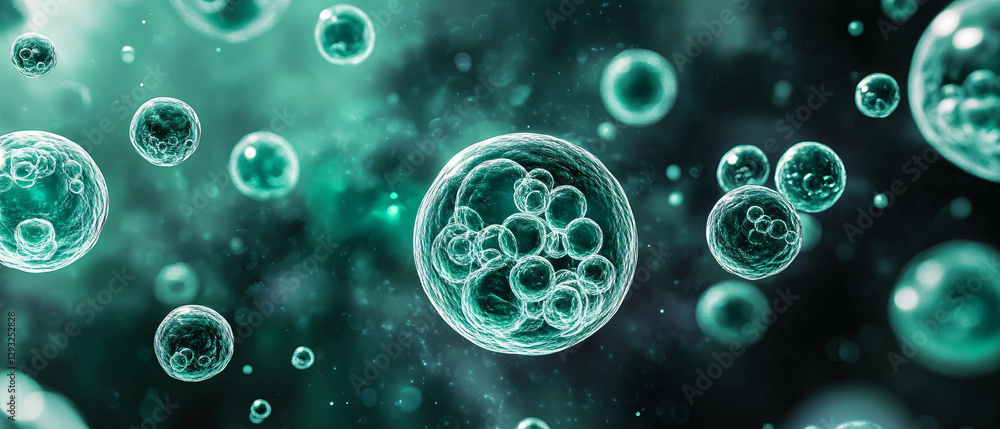 Poster a close-up view of microscopic cells floating in a vibrant green and black environment, highlighting