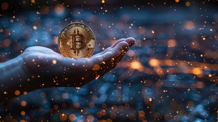 A hand holds a bitcoin coin in the air, amidst a backdrop of sparks and bokeh.