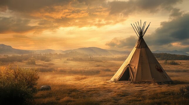 Native American Teepee. Tipi Wigwam in Old West Landscape Camp