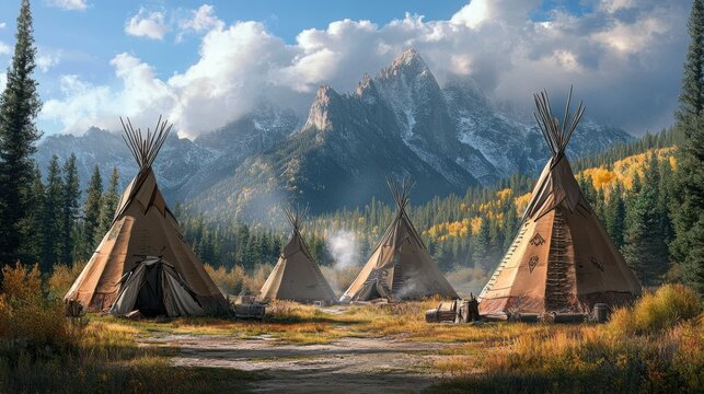 Native American Teepee. Tipi in Old West Landscape. Amerindian Camp Shelter