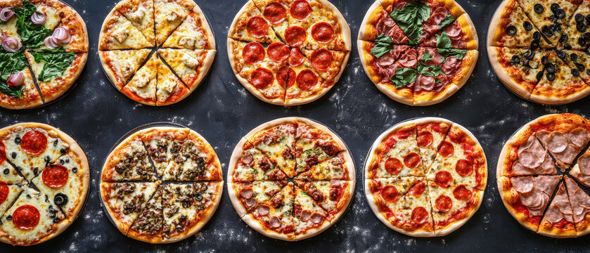 Gourmet pizzas with various toppings arranged creatively on dark surface