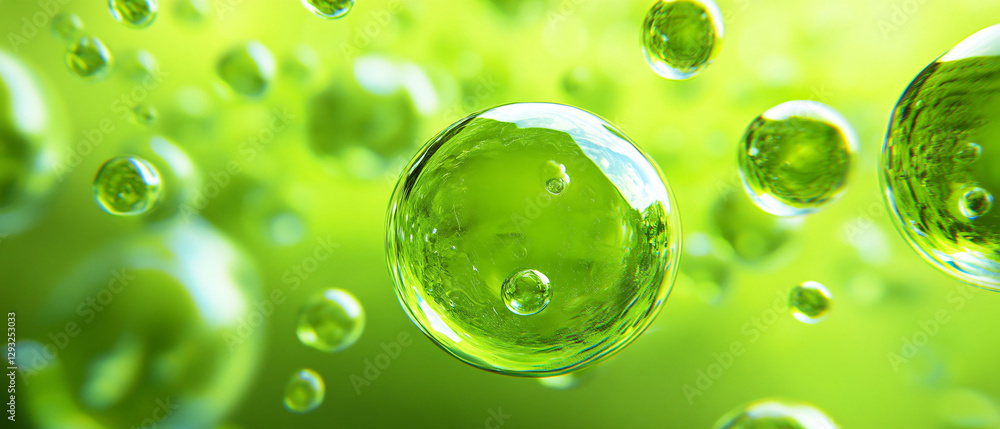 Poster a close-up view of translucent green bubbles floating in a vibrant, luminous background, creating a 