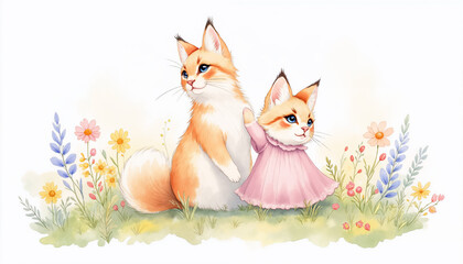 Fototapeta premium Two cats are sitting in a field of flowers. One of the cats is wearing a pink dress