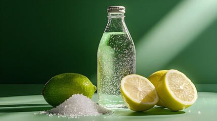 A glass bottle of sparkling water sits next to a lime, lemon halves, and a pile of salt on a green surface.