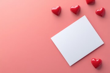 A minimal, clean stock illustration with small heart icons floating above a blank greeting card.