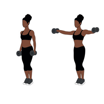 A Black African woman in black clothing doing lateral shoulder raises exercise. Flat vector illustration isolated on white background	