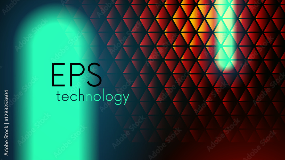 Poster Abstract glowing triangles glass with neon light on dark background. Geometric retro futuristic art design. Neo noir technology backdrop. Template presentation slide with title in past future style.