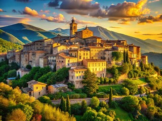 Naklejka premium Panoramic View of Toffia, Rieti Province, Italy: Stunning Hilltop Village Landscape