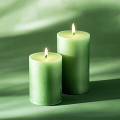 Two green candles burning on a green surface