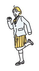 シンプル　イラスト　笑顔で走る女子高生の全身