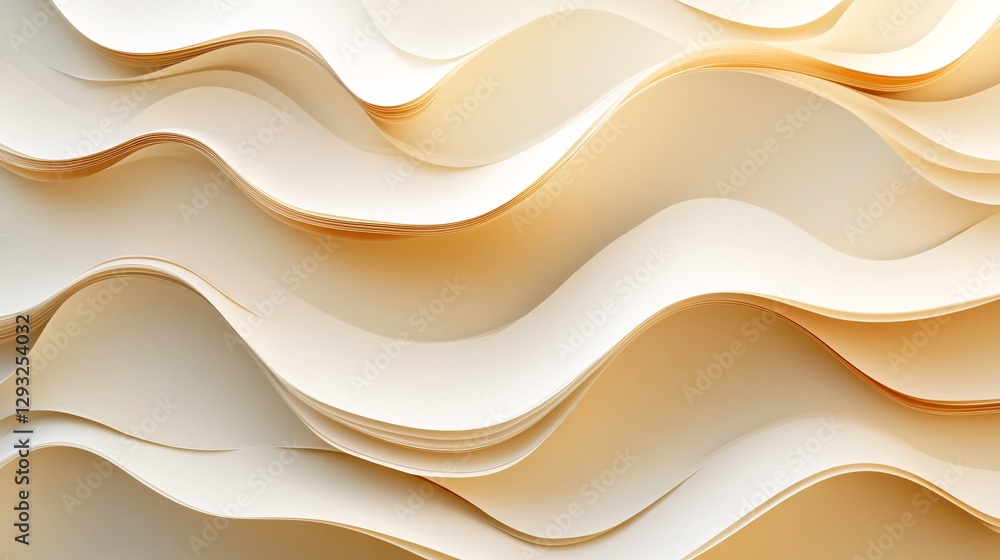 Poster a close-up of textured, wavy paper layers in soft, neutral tones, creating an elegant and artistic e